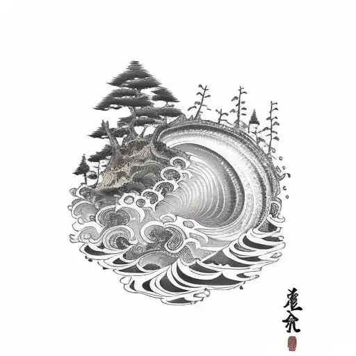 forest and tsunami  tattoo design idea