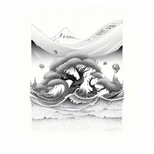 forest and tsunami tattoo design idea