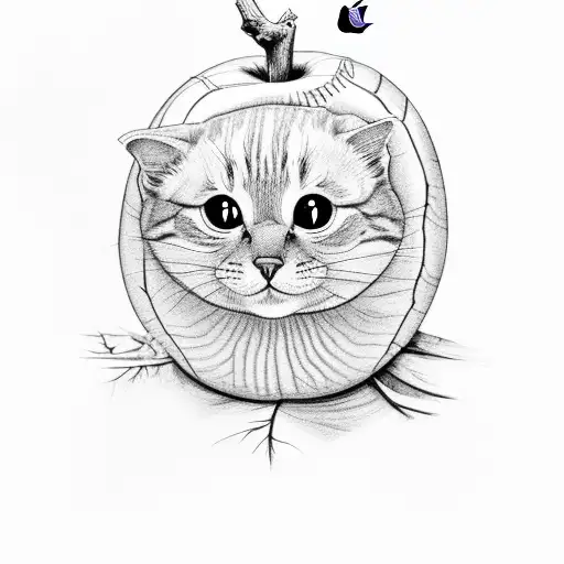 a tree with Ween's Boognish hidden in the bark, a cat sitting on a branch, a baseball hidden in the bark, and an apple tattoo design idea