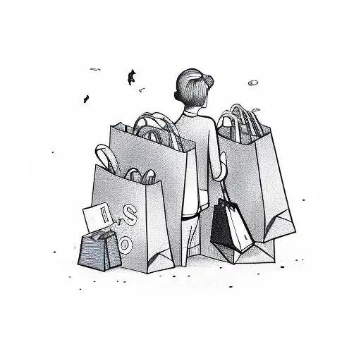 A teacher surrounded by shopping bags, symbolizing the joy of learning and personal growth tattoo design idea