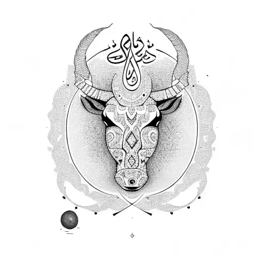 Incorporate word Isia and Ilian in Arabic calligraphy into a tattoo design representing Taurus heads tattoo design idea