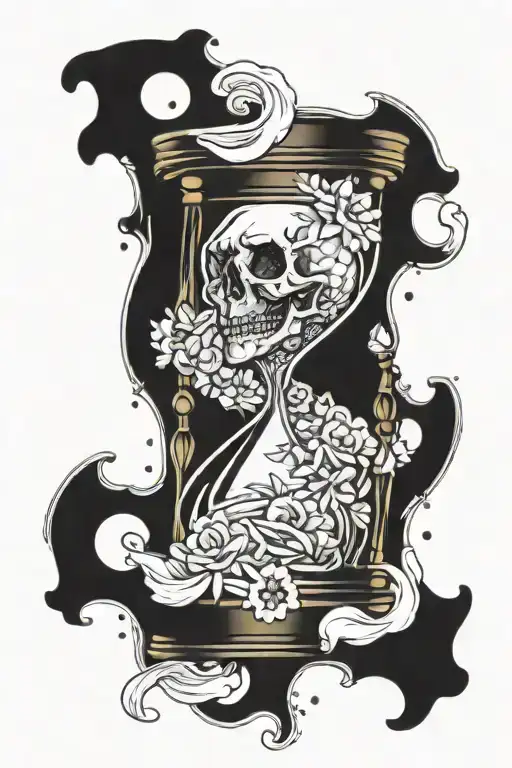 hour glass with sand falling on skull in the bottom part gear clock in the top part tattoo design idea