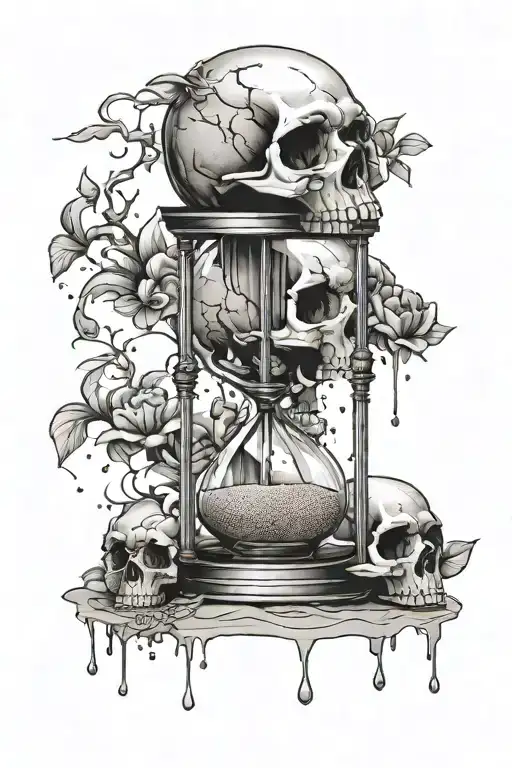 hour glass with sand falling on skull in the bottom part  tattoo design idea