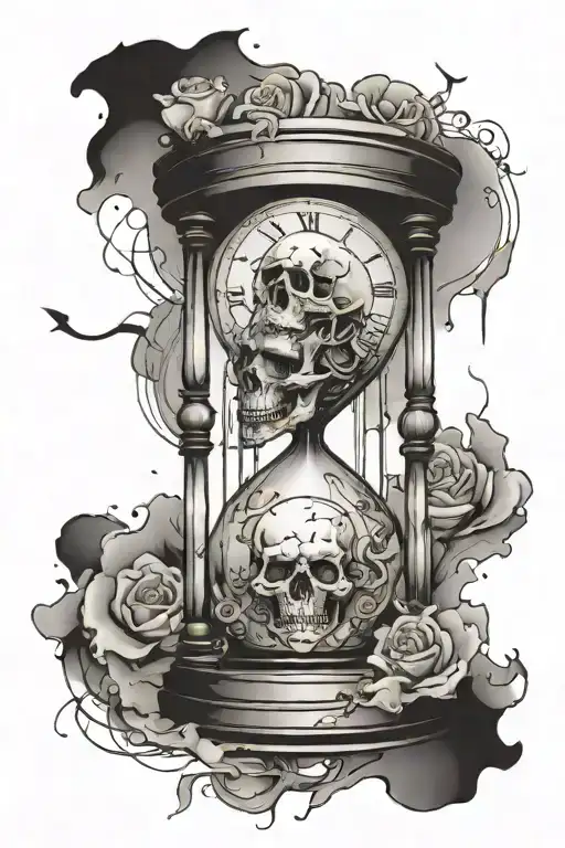 hour glass with sand falling on skull in the bottom part gear clock in the top part tattoo design idea