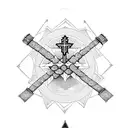 diamond point cross with Lord's Prayer inside and clouds behind the cross tattoo design idea
