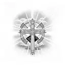 diamond point cross with Lord's Prayer inside and clouds behind the cross tattoo design idea