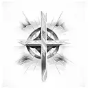 diamond point cross with Lord's Prayer inside and clouds behind the cross tattoo design idea