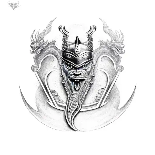 back peice, viking dragon, odin, one eye, magical runes tattoo design idea