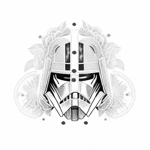 Darth Revan helmet and crossed two lightsabers of red an purple enshrined with flowers and showing ponytail braided hair tattoo design idea