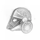 Darth Revan helmet and crossed two lightsabers of red an purple enshrined with flowers and showing ponytail braided hair tattoo design idea