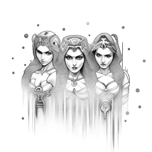 3 sisters of fate (greek mythology) at different ages with tools, full body tattoo design idea
