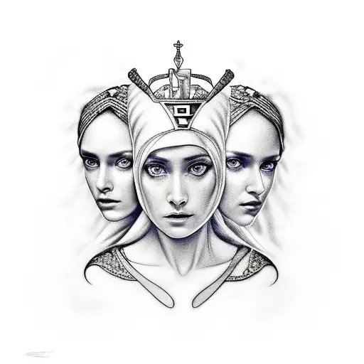 3 sisters of fate (greek mythology) all different ages with sultan suleiman insignia in the middle tattoo design idea