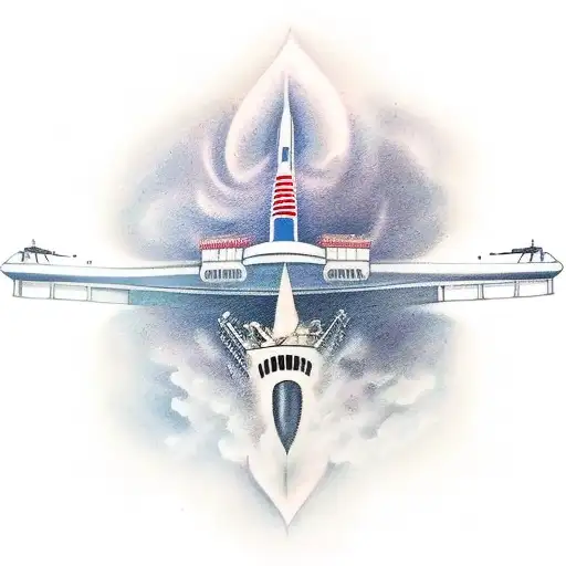 Create a realistic tattoo of an aircraft taking off from a cruise ship tattoo design idea
