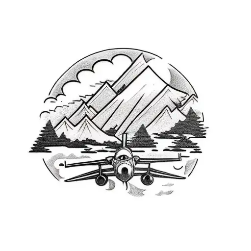 a half sleeve tattoo of an airplane flying through the air with mountains and trees in the background with the ocean tattoo design idea