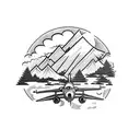 a half sleeve tattoo of an airplane flying through the air with mountains and trees in the background with the ocean tattoo design idea