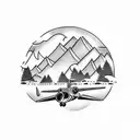 a half sleeve tattoo of an airplane flying through the air with mountains and trees in the background with the ocean tattoo design idea