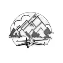 a half sleeve tattoo of an airplane flying through the air with mountains and trees in the background with the ocean tattoo design idea