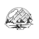 a half sleeve tattoo of an airplane flying through the air with mountains and trees in the background with the ocean tattoo design idea