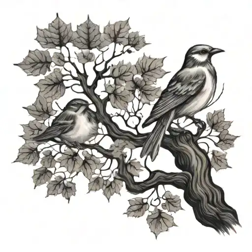 A maple tree with four birds sitting tattoo design idea