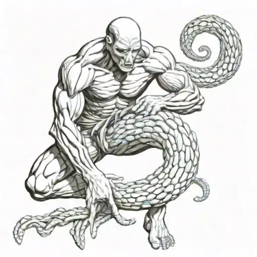 8 arm man with snaked wrapped around legs about to strike neck tattoo design idea
