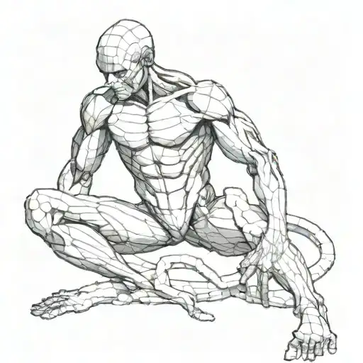8 arm human figure stading stright with arms simulating a circle with snaked wrapped around legs about to strike neck tattoo design idea