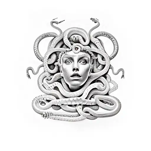 a medusa head with live snakes hissing  tattoo design idea