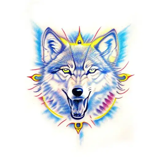 DIVINE AND POWERFULL WOLF EYES SHINING YELLOW AND BLUE WITH RED BLACKGROUND tattoo design idea