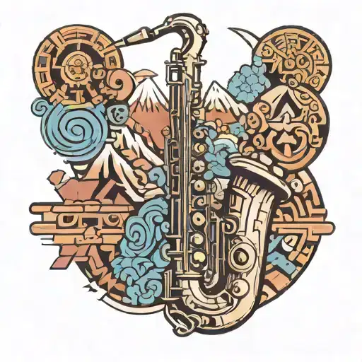 Inca symbols integrated into saxophone design with a backdrop of the Andes mountains tattoo design idea