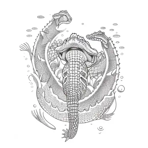 alligator full body, submerged in water, swimming, from above perspective, tattoo design idea