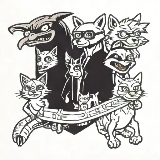 A mashup tattoo of characters from Hotline Miami and The Regular Show in a blackwork style tattoo design idea