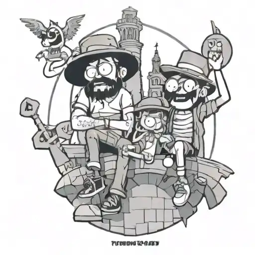 Design a blackwork tattoo of the characters from The Regular Show enjoying a tourist adventure at the Monument to Tatishchev and de Gennin tattoo design idea