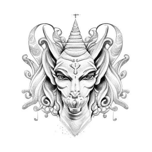 A dotwork tattoo of a Greek mythological creature, such as a centaur or a sphinx, surrounded by beach-themed elements like seashells and palm trees tattoo design idea