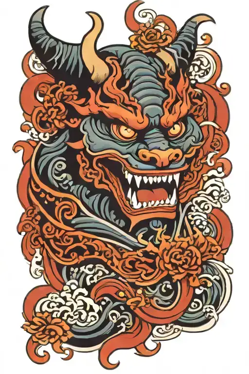 japanese wave style tattoo featuring hannya mask and foo dog tattoo design idea