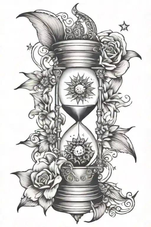 hourglass with moon and sun inside, lily flower around with stars tattoo design idea