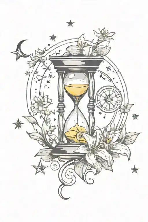 hourglass with moon and sun inside, lily flower around with stars tattoo design idea