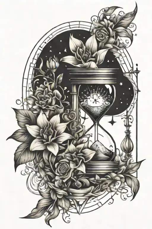 hourglass with moon and sun inside, lily flower around with stars tattoo design idea