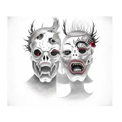 horror gore dark creepy japanese woman eating a japanese mans head that is throwing up knifes tattoo design idea