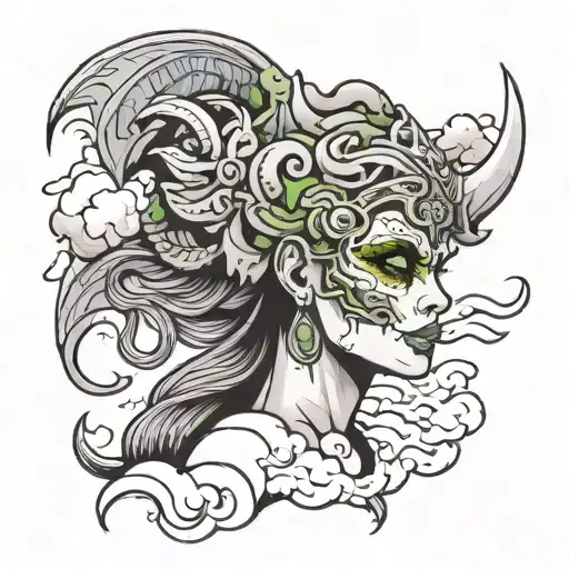 half skull half woman face with dragon head dress big clouds tattoo design idea