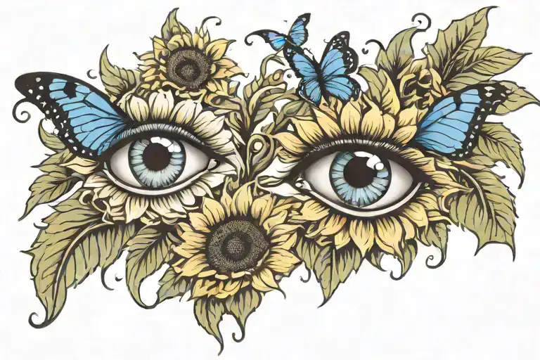 2eyes with sunflowers as irises and a blue butterfly in the lashes  tattoo design idea
