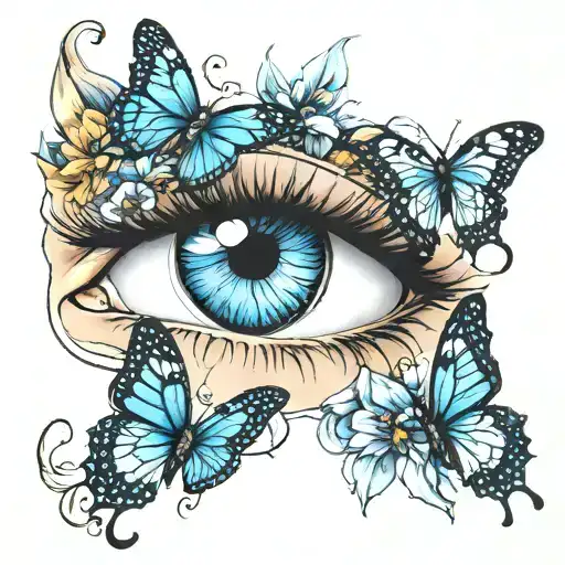 eyes with butterfly irises and a blue butterfly in the lashes  tattoo design idea