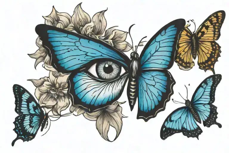 eyes with butterfly irises and a blue butterfly in the lashes  tattoo design idea