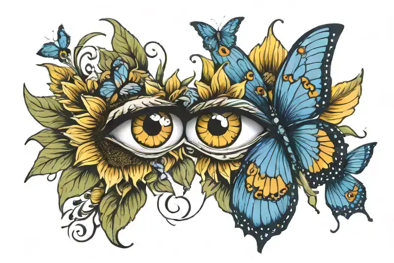 2eyes with sunflowers as irises and a blue butterfly on the lashes  tattoo design idea