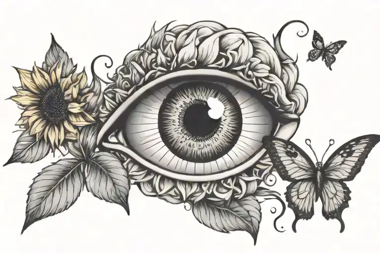 eye with sunflower as the iris and a boi butterfly landing on the lashes tattoo design idea