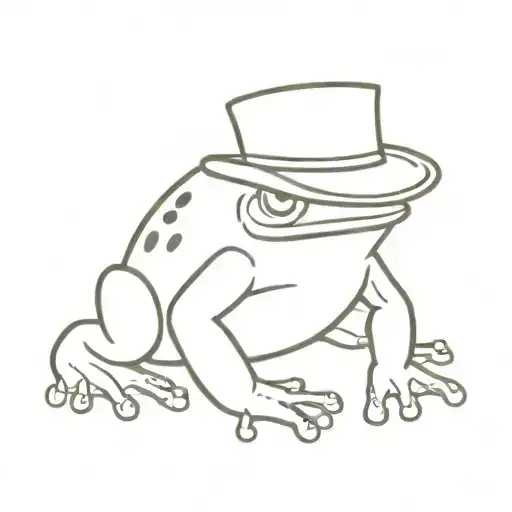chubby frog sitting down whit a top hat from a side angle and his back legs are like arched   tattoo design idea
