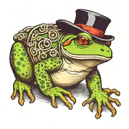 chubby frog sitting down whit a top hat from a side angle and his back legs are like arched   tattoo design idea