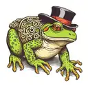 chubby frog sitting down whit a top hat from a side angle and his back legs are like arched   tattoo design idea