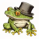 chubby frog sitting down whit a top hat from a side angle and his back legs are like arched   tattoo design idea