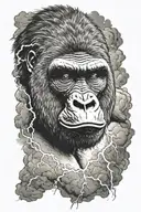 a gorilla in the foreground with dark clouds and lightning in the background tattoo design idea