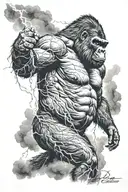 a gorilla in the foreground with dark clouds and lightning in the background tattoo design idea