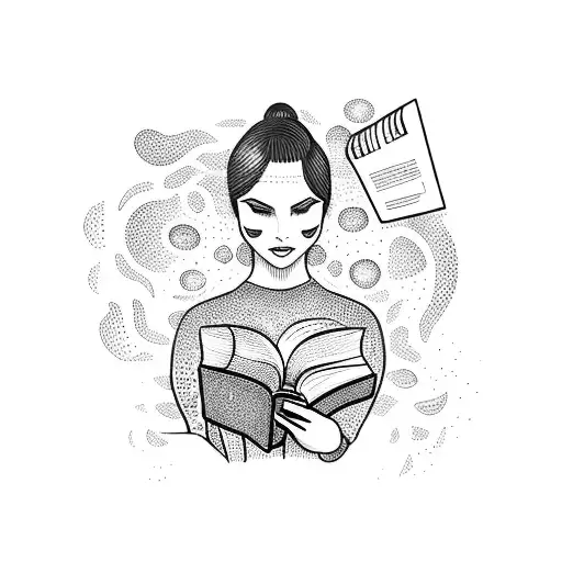 A dotwork tattoo of a woman with a book open in front of her, surrounded by swirling words and quotes from influential female authors tattoo design idea